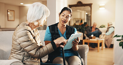 Buy stock photo Healthcare, nurse and tablet with old woman on sofa for advice, checkup or online results. App, feedback and medical professional talking to senior patient with walking stick for home rehabilitation
