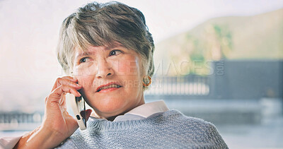 Buy stock photo Phone call, serious or senior woman in home with connection, miscommunication or doubt in online chat. Space, confused or elderly person with tech, poor advice or question in digital communication.