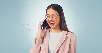 Buy stock photo Phone call, laugh and business woman in studio for insurance negotiation, feedback or space. Mobile, broker and happy person talking to contact, premium benefits or funny joke on blue background