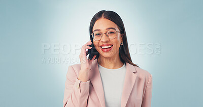 Buy stock photo Phone call, portrait and business woman in studio for insurance negotiation, space or laugh. Mobile, broker and happy person in conversation with contact for premium benefits on blue background