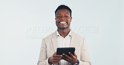 Buy stock photo Portrait, businessman and happy in studio with tablet, internet connectivity and finance internship. Accounting intern, black person and smile with digital tech, about us or space on white background