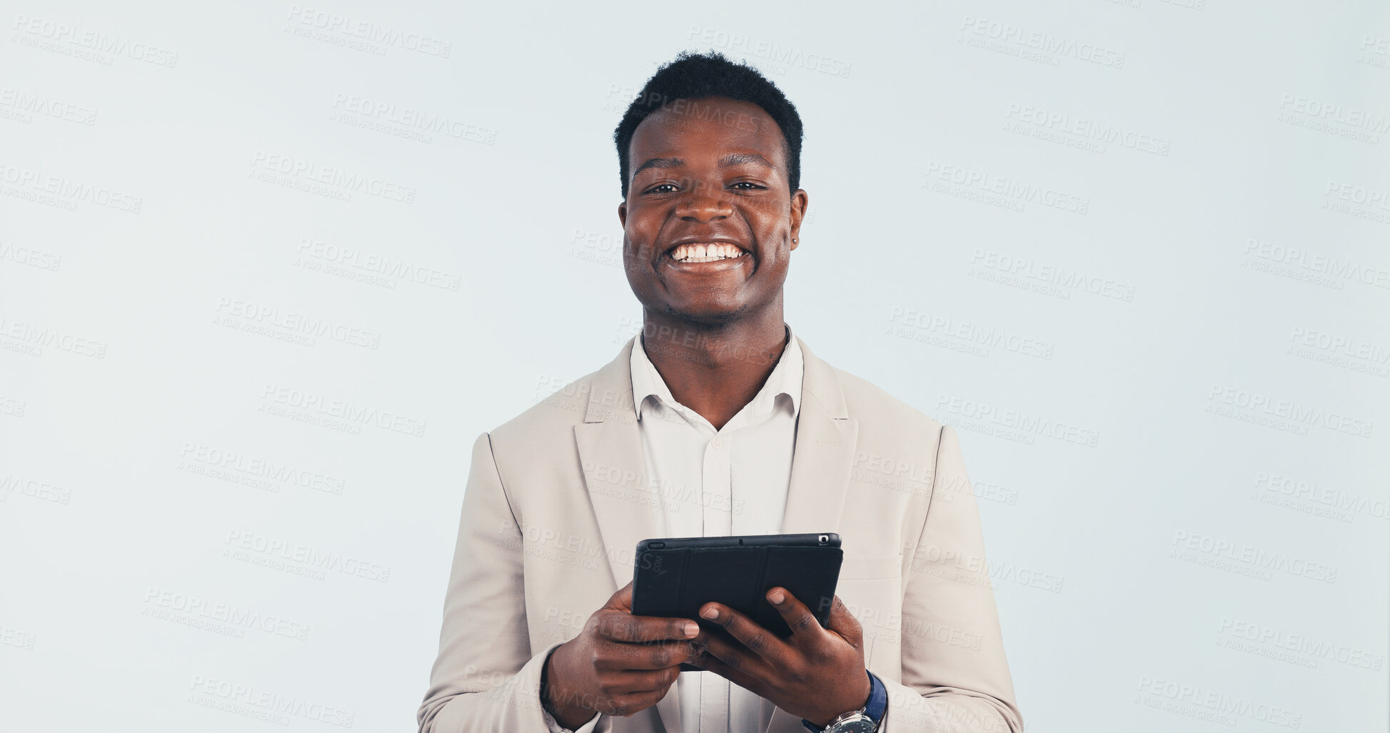 Buy stock photo Portrait, businessman and happy in studio with tablet, internet connectivity and finance internship. Accounting intern, black person and smile with digital tech, about us or space on white background