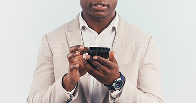 Buy stock photo Businessman, hands and scroll in studio with phone, text message and online for company communication. African person, browse and tech for work email, website or social media app on white background.