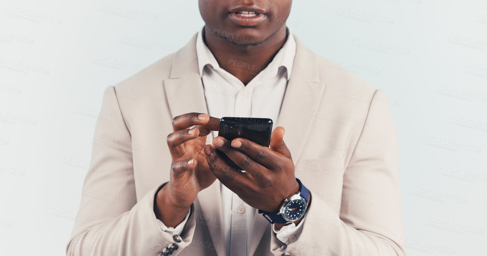 Buy stock photo Businessman, hands and scroll in studio with phone, text message and online for company communication. African person, browse and tech for work email, website or social media app on white background.