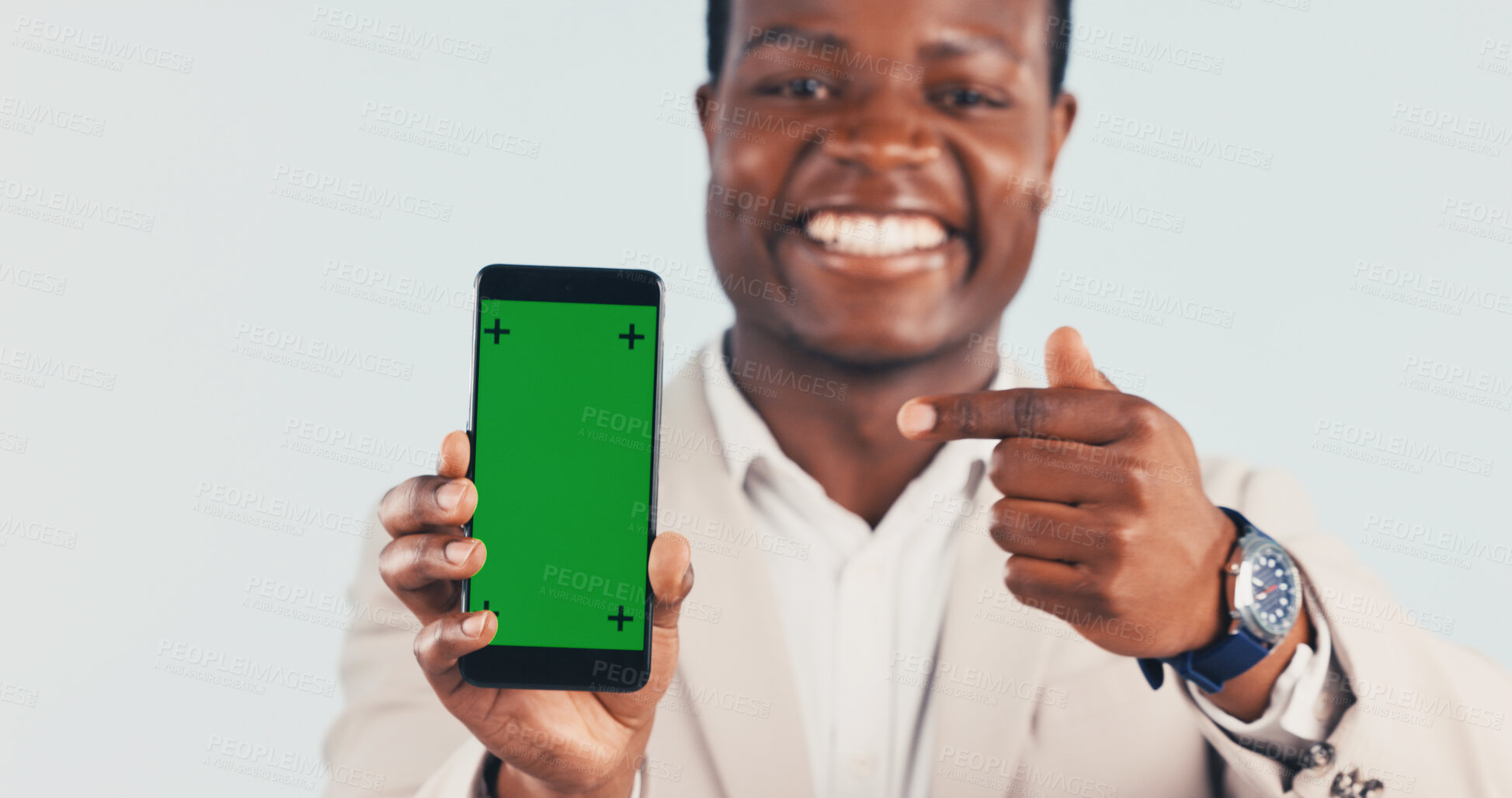 Buy stock photo Pointing, green screen and hands of black man with phone for advertising finance loyalty app. Happy, portrait and financial advisor with cellphone mockup for internet banking on studio background.