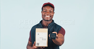 Buy stock photo Delivery man, portrait and box in studio with POS, payment option and service with smile. Black person, parcel and card machine on white background space for logistics, supply chain and distribution