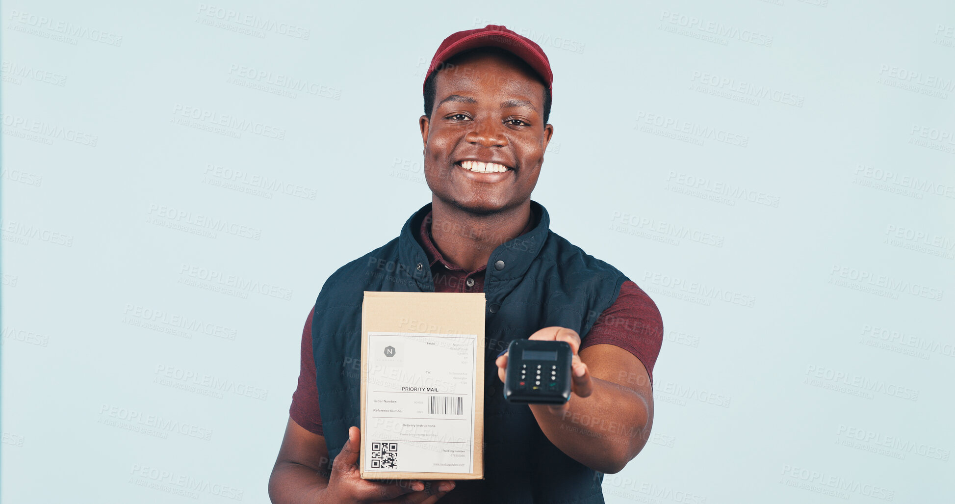 Buy stock photo Delivery man, portrait and box in studio with POS, payment option and service with smile. Black person, parcel and card machine on white background space for logistics, supply chain and distribution