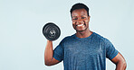 Weight, fitness and portrait of black man in studio by space for workout, muscle training or health. Weightlifting, happy and person with dumbbell for body building or exercise on white background.