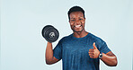 Weight, thumbs up and portrait of black man in studio by space for workout, muscle training or health. Fitness, happy and person with dumbbell for body building or exercise on white background.