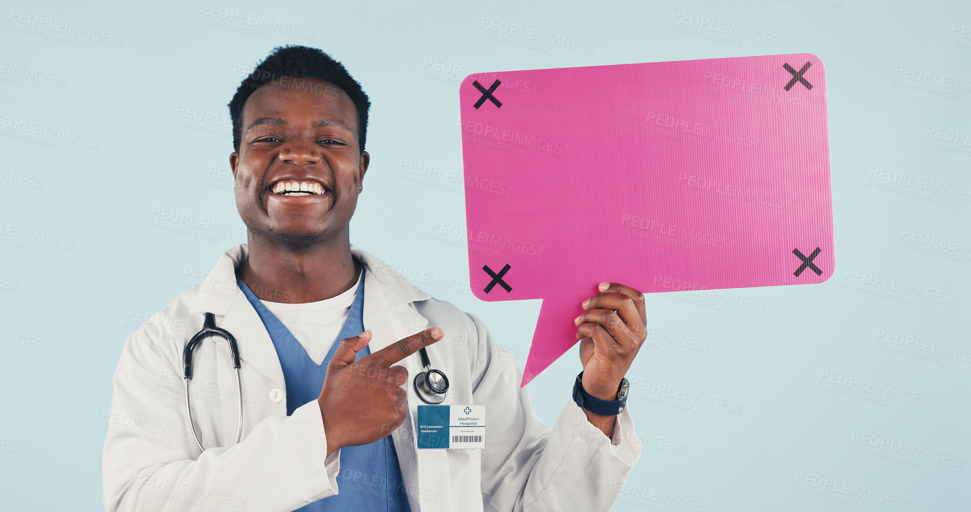 Buy stock photo Medical, portrait or doctor with pointing, speech bubble or treatment chat on wellness info. Social media, black man or gp with poster mockup, recovery feedback or health insight on studio background