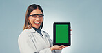 Green screen, smile and tablet with portrait of scientist in studio for research, medical app and mockup. Science, healthcare portal and space with woman on white background for biotechnology report