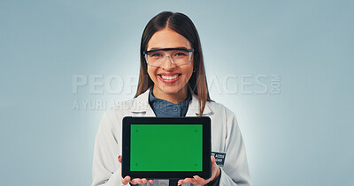 Buy stock photo Green screen, science and tablet with portrait of woman in studio for research, medical app and mockup. Smile, healthcare portal and space with person on white background for biotechnology innovation