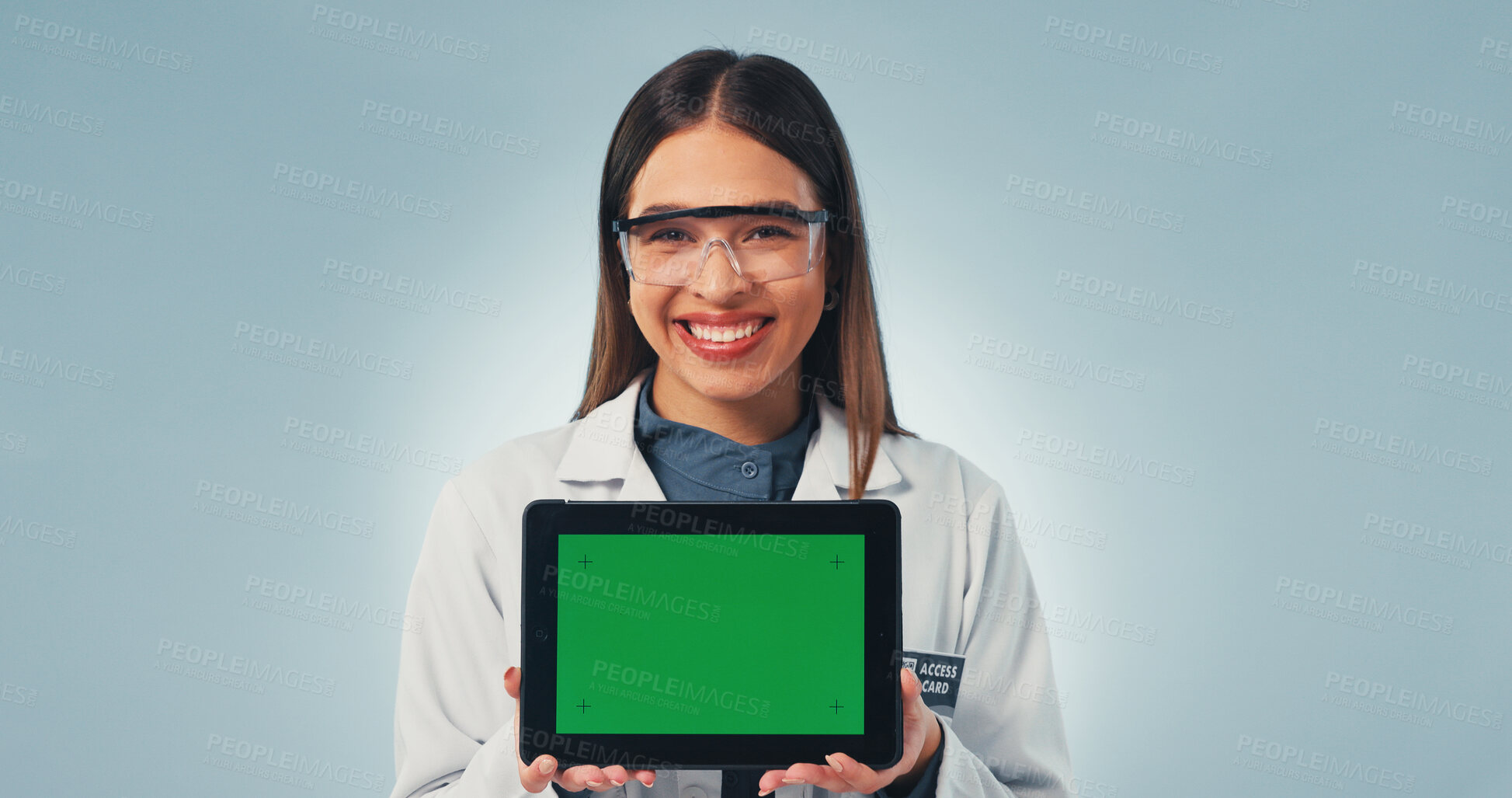 Buy stock photo Green screen, science and tablet with portrait of woman in studio for research, medical app and mockup. Smile, healthcare portal and space with person on white background for biotechnology innovation
