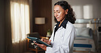 Doctor, woman and tablet in hospital room with internet for schedule, planning and medical research. Mature person, technology and Telehealth app for healthcare, information and advice on website
