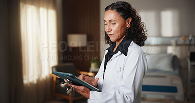 Buy stock photo Doctor, woman and tablet in hospital room with internet for schedule, planning and medical research. Mature person, technology and Telehealth app for healthcare, information and advice on website