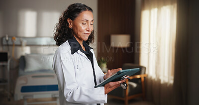 Buy stock photo Doctor, happy woman and tablet in hospital room with internet for schedule, plan or medical research. Mature person, technology and telehealth app for healthcare, information and advice on website