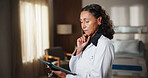 Doctor, woman and thinking with tablet in hospital with internet for idea, plan and medical research. Mature person, technology and Telehealth app for healthcare, information or question on website
