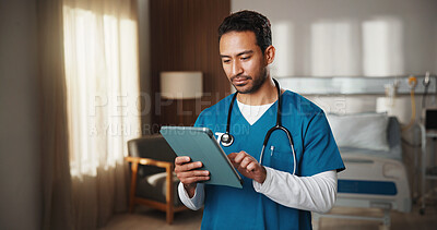 Buy stock photo Nurse, man and tablet in hospital room with internet for schedule, planning and medical research. Person, technology and telehealth app for healthcare, surgery information and advice on website