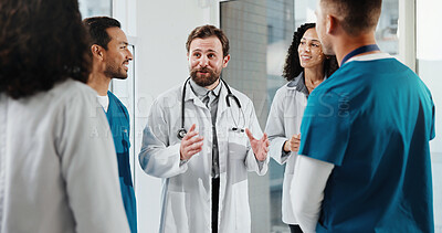 Buy stock photo Doctor, nurse and meeting in hospital with discussion, smile and instructions for medical service. Healthcare worker, happy people and manager talk in clinic with advice, update and collaboration.
