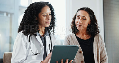 Buy stock photo Clinic, patient and doctor with tablet, consultation and explaining medical diagnosis or healthcare. Hospital, health professional and happy women with technology, checkup and reading test results