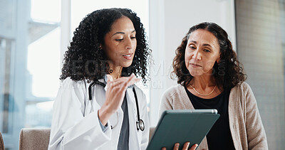 Buy stock photo Clinic, patient and doctor with tablet, checkup and explain medical diagnosis and report on website. Hospital, healthcare professional and happy women with technology, online and reading test results