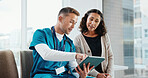 Healthcare, patient and nurse with tablet, point and explaining medical diagnosis and report on web. Hospital, health professional and happy people with technology, online and reading test results