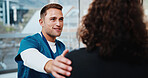 Comfort, smile and nurse with woman in hospital for medical treatment, recovery or checkup. Happy, consultation and healthcare worker with hand on shoulder of patient for support or advice in clinic.
