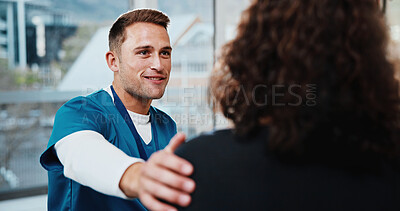 Buy stock photo Comfort, smile and nurse with woman in hospital for medical treatment, recovery or checkup. Happy, consultation and healthcare worker with hand on shoulder of patient for support or advice in clinic.