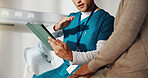 Hospital, patient and nurse with tablet, hands and explaining medical diagnosis or report on website. Clinic, healthcare professional and people with technology, consultation and test results on app