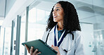 Healthcare, tablet and thinking with doctor in hospital for review of feedback or information. App, planning and vision with happy woman in clinic for diagnosis or research as medical professional