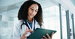 Healthcare, reading and tablet with doctor in hospital for review of feedback or information. App, planning and report with happy woman in clinic for diagnosis or research as medical professional
