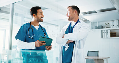 Buy stock photo Medical, team and discussion in hospital with tablet, meeting and collaboration for patient care. Happy, men and healthcare worker in clinic with tech, conversation and plan for telehealth website.