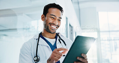 Buy stock photo Happy, research and doctor with tablet in hospital for telehealth, service or medical advice. Digital technology, man and healthcare worker with online consultation, information or clinical report.
