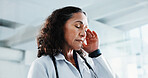 Woman, doctor and headache in hospital with grief, fatigue or burnout with bad news mistake. Mental health, sad physician and mature person with anxiety for stress, loss or failed surgery in clinic