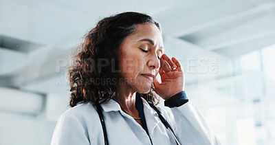 Buy stock photo Woman, doctor and headache in hospital with grief, fatigue or burnout with bad news mistake. Mental health, sad physician and mature person with anxiety for stress, loss or failed surgery in clinic