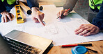 Hands, meeting and architecture illustration with contractor team, project or point to progress of renovation. People, tools and paperwork with blueprint for planning, design strategy and engineering
