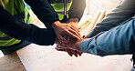 Hand stack, architecture and together by blueprint for mission, service and team planning at job site. Construction, floorplan and people with unity, support or collaboration for property development