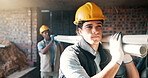Carry, architect or men with pipes on construction site for building progress or safety development. Male people, civil engineer or contractor moving equipment with material for architecture project