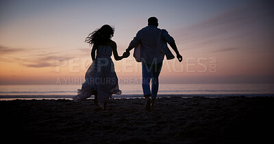 Buy stock photo Back, couple and holding hands at beach for travel, journey and romantic date on holiday trip. Sunset, people or running at seashore with space, celebration or tropical vacation for adventure getaway