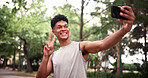 Fitness, athlete and man at park, selfie and profile picture on social media after physical activity. Outdoor, runner and happy person on workout break, photography and memory on website in nature