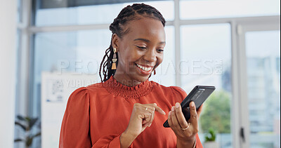 Buy stock photo Phone, smile and black woman in office, reading text or notification for venue budget approval. Mobile, event planner and happy person with business email, vendor coordination or project progress