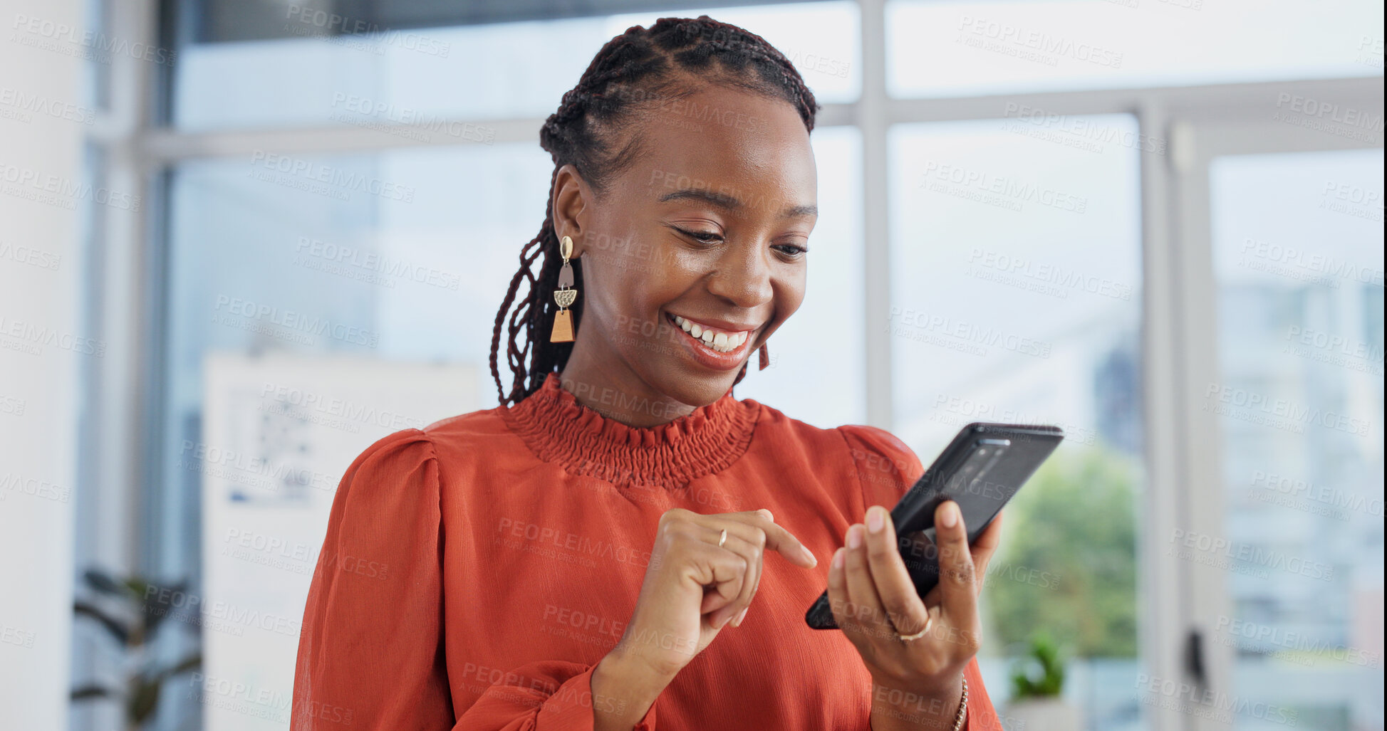 Buy stock photo Phone, smile and black woman in office, reading text or notification for venue budget approval. Mobile, event planner and happy person with business email, vendor coordination or project progress