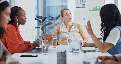 Buy stock photo Meeting, team and business women in office for planning, project funding and feedback. Collaboration, startup and people in discussion for marketing, budget review and research for brand campaign