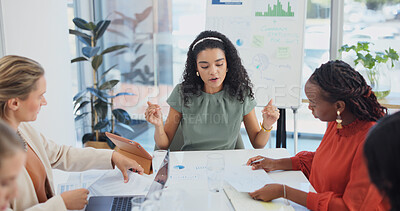 Buy stock photo Data, meeting and presentation with business women in boardroom together for finance management. Collaboration, documents and statistics with employee people in financial office for investment plan