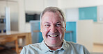 Portrait, old man and relax at house with smile, peace and calm morning for weekend unwind. Senior person, rest and laugh in home with positive attitude, comfortable and retirement for stress relief
