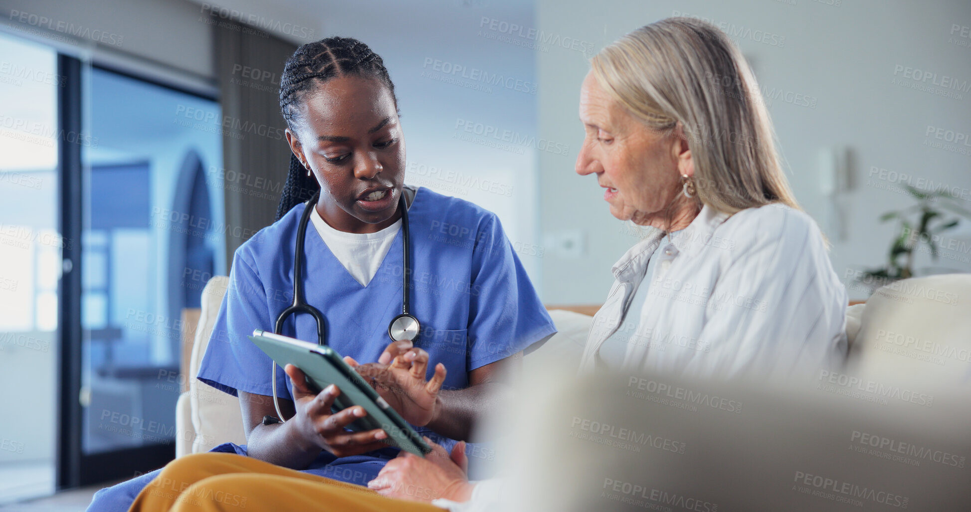 Buy stock photo Healthcare, tablet and nurse talking to old woman in home living room for consulting or feedback. App, conversation and medical with caregiver in apartment to explain results to senior patient