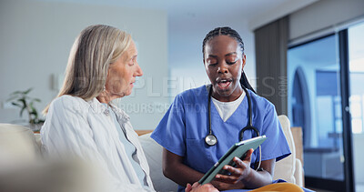 Buy stock photo Healthcare, tablet and nurse speaking to old woman in home living room for consulting or feedback. App, support and talking with caregiver on sofa in apartment to explain results to senior patient