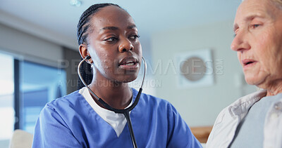 Buy stock photo Nurse, patient and stethoscope with consultation for senior care, heart health and checkup in home. Caregiver, old person and check breathing, medical assistance and retirement service with homecare
