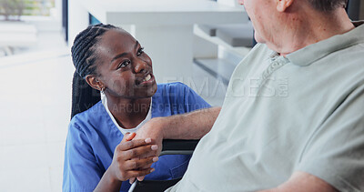 Buy stock photo Caregiver, holding hands and support with old man in wheelchair for care, kindness or assisted living. Retirement, nurse and happy person with disability, trust or healthcare with comfort in homecare