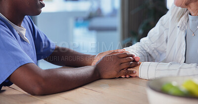 Buy stock photo Nurse, patient and holding hands for support in senior care, help and comfort with compassion. Caregiver, elderly person and assistance with kindness, empathy and advice for wellness in homecare